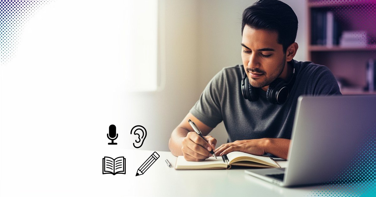 Imagem de destaque do artigo “Os 4 Pilares do Aprendizado de Inglês e Como Dominá-los com o Método Certo”